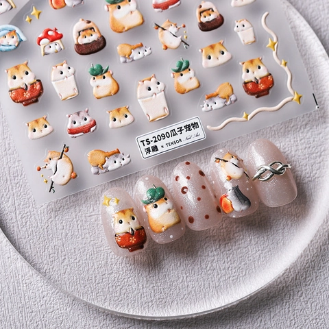 5D Embossed Nail Stickers Cute Cartoon Hamster Patterns Self Adhesive Ultra Thin Texture Manicure Decoration For Women Girls