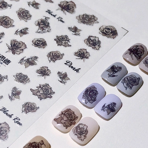Autocollants Art De L'Ongle Rose Noire Ultra Mince Mat Adhésif Décalcomanies Rétro Floral Style Sombre Manucure Décoration