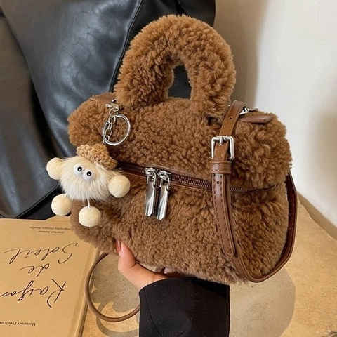 Plush Faux Lambswool Small Square Handbag Crossbody Bag Detachable Strap Charm Chic Fashionable For Women Girls