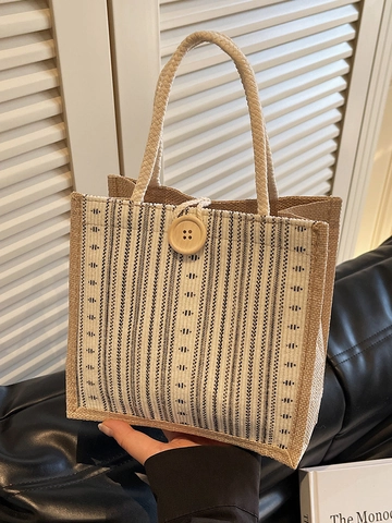Striped Cotton Linen Handbag Woven Rope Handle Portable Tote With Button Zipper Closure For Women Girls Casual School Travel