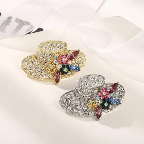 Elegant Hat Shaped Brooch Pin Alloy With Sparkling Colorful Crystal And Rhinestone French Style Floral Jewelry