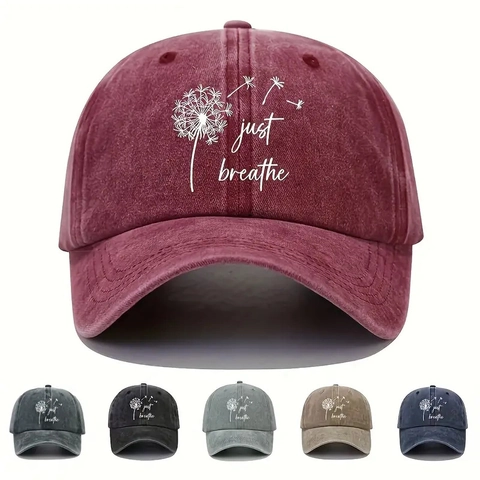 Berretto da Baseball Unisex in Cotone con Stampa Soffione Just Breathe Regolabile Lavato Retro Cappello da Sole Outdoor