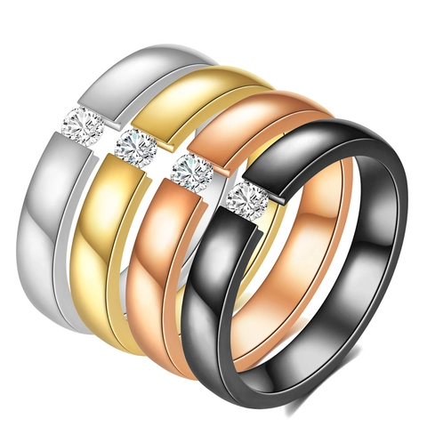 Edelstahl Strass Ring Für Damen Minimalistisch 3mm Poliertes Band Gold Silber Roségold Schwarz Spannfassung Schmuck