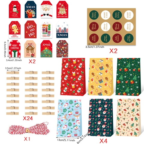 Weihnachten Adventskalender Papiertüten Mit Holzklipps Anhängern Aufklebern Und Baumwollseil Für Urlaubs Süßigkeiten Verpackung Festliche Deko