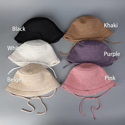 Knitted Bucket Hat Polyester Breathable Foldable Sun Protection With Straps Casual Lightweight For Women