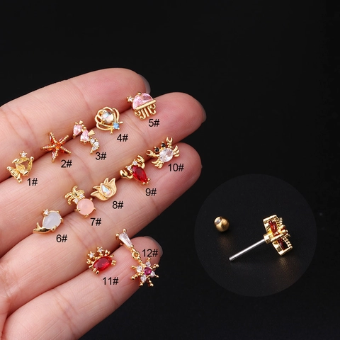 Ocean Animal Cartilage Stud Earrings With Stainless Steel Earring Post Zircon Colorful Fish Seahorse Screw Ball Back