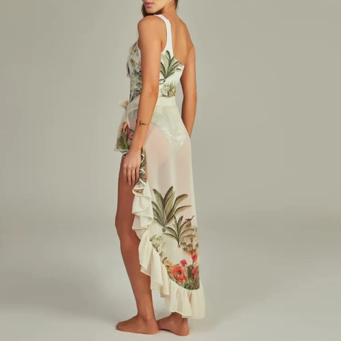 Asymmetric Single Shoulder Swimsuit And Sarong Skirt Tropical Print Palm Tree Cut Out Floral Women Beachwear Polyester