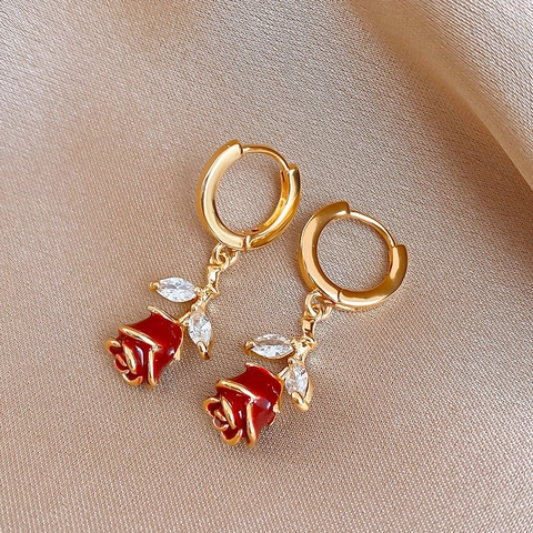 Orecchini A Cerchio Con Pendente Rosa Perno In Argento Rame Placcato Oro Smalto Zirconia Gioielli Floreali Eleganti Donne