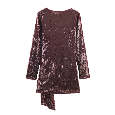 Damen Pailletten Minikleid V-Ausschnitt Langarm Bodycon Party Sexy Elegant Burgunderrot Funkelnd Bindegürtel