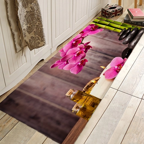 Tappeto Da Pavimento Stile Zen Poliestere Stampa Orchidea Bamboo Ciottolo Assorbente Antiscivolo Per Cucina Bagno