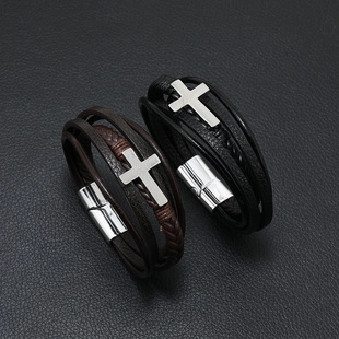 Bracelet Vintage pour Homme en Cuir Multicouche Avec Pendentif Croix en Alliage Fermoir Magnétique Tressé Style Punk