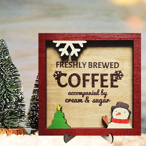 Christmas Wooden Plaque Coffee Desktop Decoration Sign With Snowman And Tree Laser Engraved Rustic Holiday Home Decor