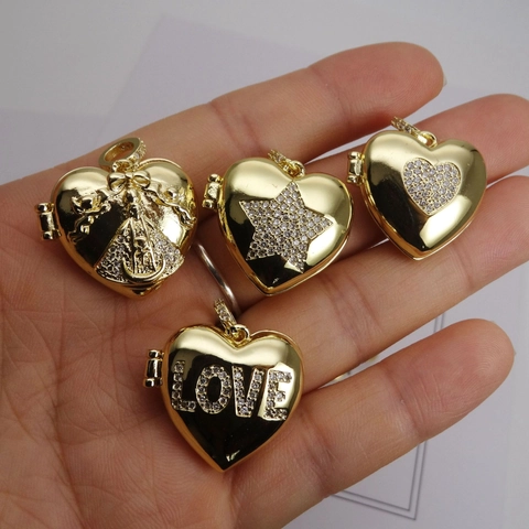 Heart Shaped Locket Pendant Gold Plated Copper Openable Photo Memorial Charm With Rhinestone Zirconia For Women