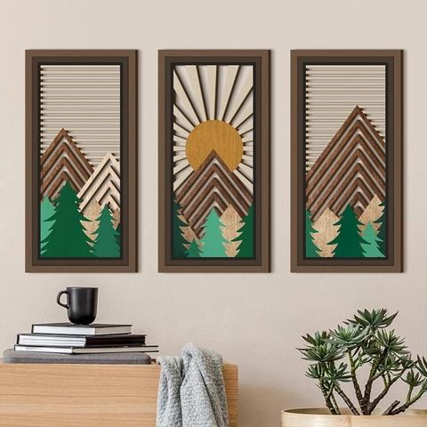Wooden Wall Art Hollow Mountain Forest Landscape Panels Decorative Triptych For Living Room Bedroom Minimalist Natural