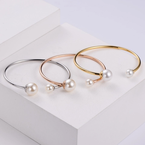 Minimalist Cuff Bangle 316 Stainless Steel Asymmetrical Artificial Pearl Elegant Jewelry For Women Fashion Adjustable