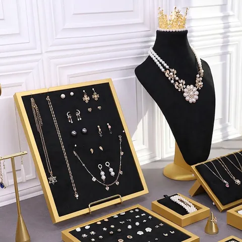 Jewelry Display Stand Velvet Necklace Bust Bracelet Holder Earring Tray Gold Metal Frame Professional Shop Boutique