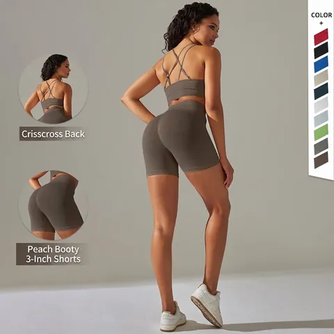 Women Seamless Yoga Outfit Ribbed Sports Bra And High Waist Tummy Control Shorts Cross Back Workout Gym Fitness Activewear