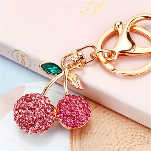 Exquisite Alloy Rhinestone Cherry Keychain Fashion Gold Plated Fruit Charm Bag Pendant Sparkling Crystal Keyring Gift For Women
