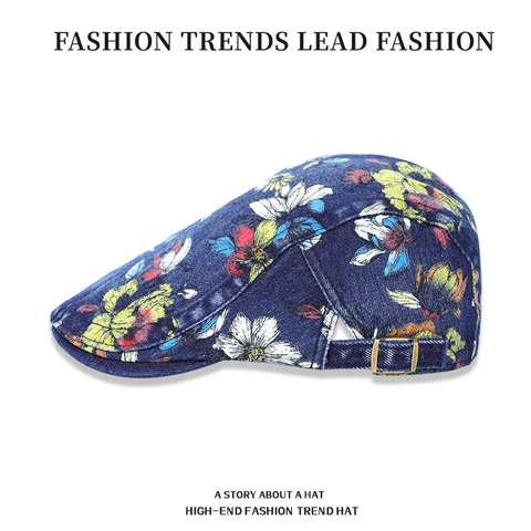 Berretto Piatto In Cotone Denim A Fiori Vintage Ivy Cap Regolabile Retro Newsboy Hat Unisex Protezione Solare Casual