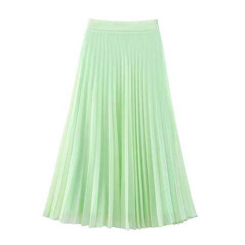 High Waist Pleated Midi Skirt Women Polyester Solid Mint Green Casual Elegant Streetwear Sexy