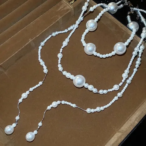 Multi Layer Artificial Pearl Necklace Elegant French Vintage Glass Artificial Pearl ABS Copper Palace Style Sweater Chain For Women