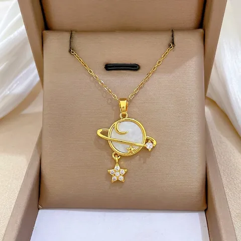 Collier Pendentif Planète Étoile Lune Nacre Chaîne Acier Inoxydable Bijoux Cuivre Plqué Or Zircon Pour Femmes