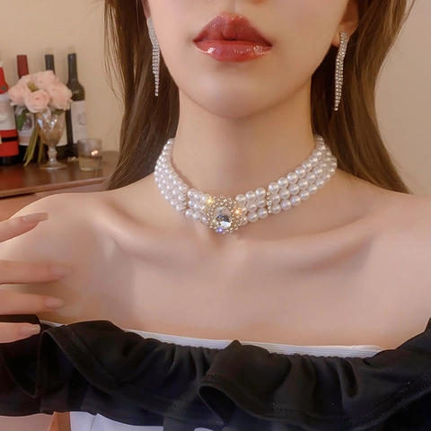 Vintage Baroque Multilayer Imitation Artificial Pearl Necklace And Rhinestone Tassel Earrings Elegant Choker Jewelry For Women