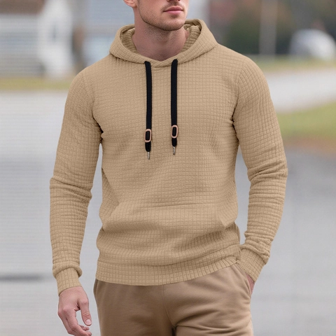 Men Hoodie Polyester Waffle Knit Drawstring Hood Kangaroo Pocket Long Sleeve Casual Athletic Pullover Solid Color Tops