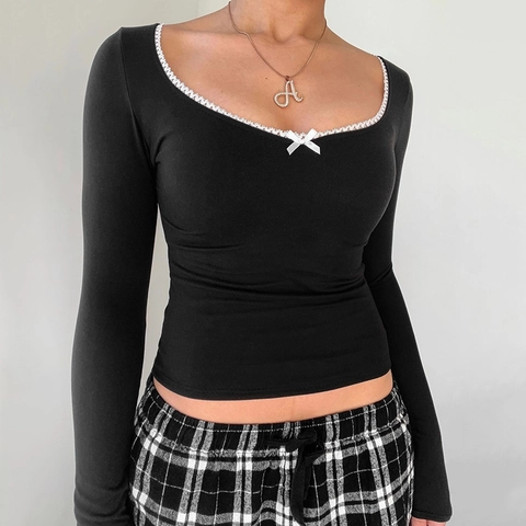 Women Long Sleeve Slim Fit T-Shirt Lace Trim Bowknot Square Neck Polyester Spandex Casual Base Top