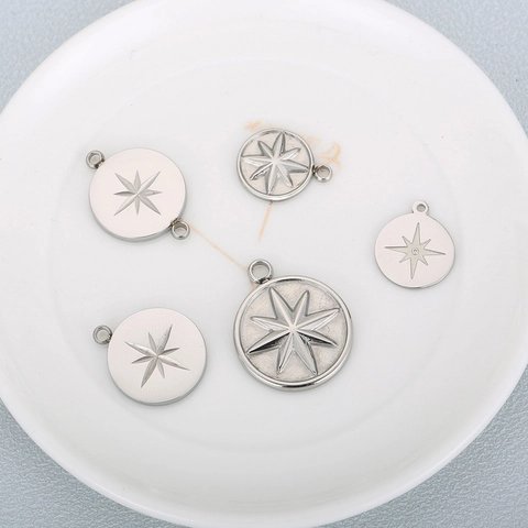 Edelstahl Rund Charm Achtzackiger Stern Muster Graviert Minimalistisch Anhänger Für DIY Schmuckherstellung Zubehör