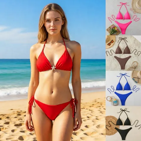 Sexy Halter Bikini Driehoekig Topje En Broekje Met Zijstrikjes Met Zeester Metaal Accessoire Nylon Spandex Zwemkleding