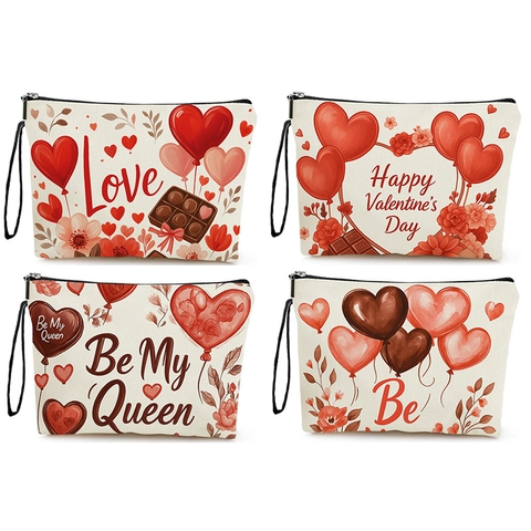 Trousse Trucco San Valentino Lino Fine Stampa Cuore Cioccolato Pochette Cosmetici Con Cerniera E Cinturino Da Polso
