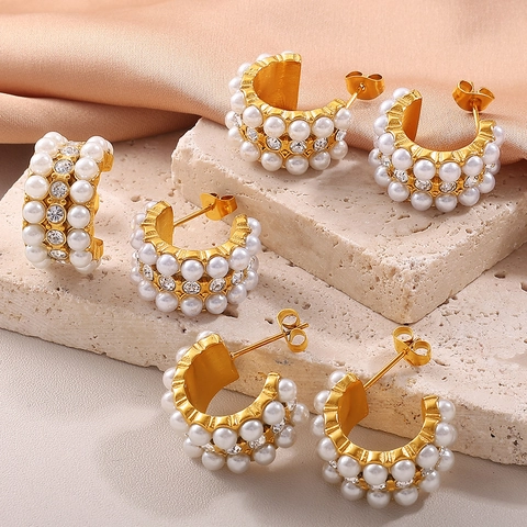 Vintage Stainless Steel Gold Plated C-Shape Hoop Earrings With Artificial Pearl And Rhinestone For Women Jewelry Gift