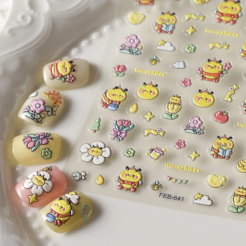 Stickers Nail Art Relief 5D Motif Abeille Dessin Animé Fleur Imperméable Autocollants Pour Femmes Manucure DIY