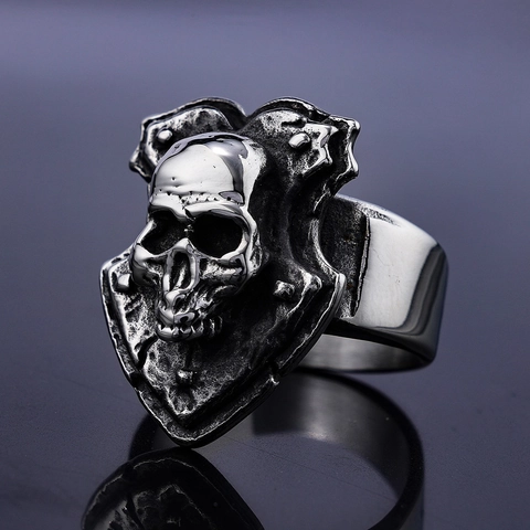Anello Scudo Teschio Acciaio Inossidabile Retro Gothic Punk Rock Moto Biker Gioielli Per Uomo