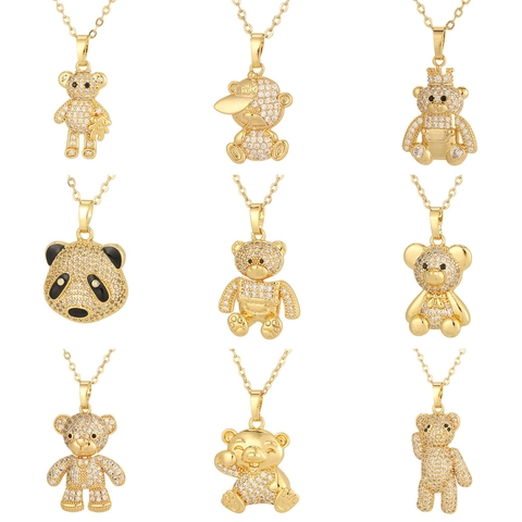 Cute Bear Pendant Necklace Copper Gold Plated With Pave Zirconia Fashion Jewelry For Women