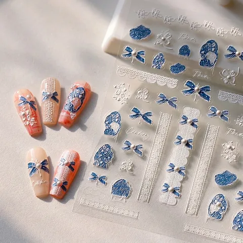 Pegatinas Para Uñas Relieve 5D Lazo Azul Denim Perla Artificial Encaje Blanco Diseño Calcomanías Manicura Autoadhesivas