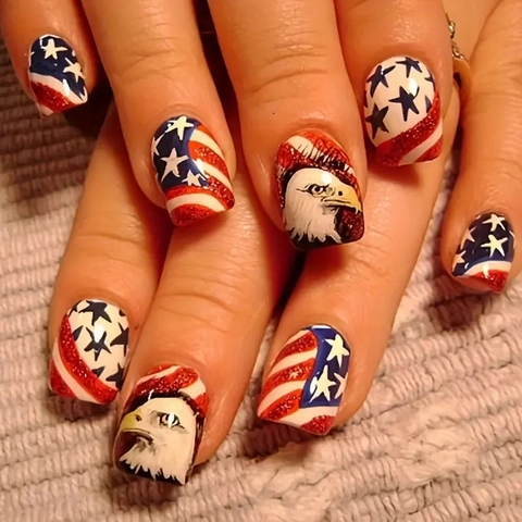 Press On Nails US Flag Stars Stripes Independence Day Bald Eagle Medium Square ABS Artificial Fake Fingernails For Women