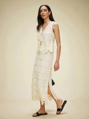 Completo In Pizzo Crochet Donna Top Senza Maniche Con Laccetti E Gonna Lunga A Vita Alta Stile Bohémien Francese Vacanza