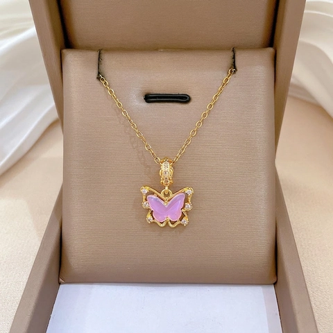 Collana Con Ciondolo Farfalla Rosa E Zirconi Per Donna Catena In Acciaio Inossidabile Stile Dolce
