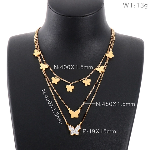 Collier Pendentif Papillon À Trois Couches En Acier Inoxydable Incrusté De Strass Bijoux Multi Rangs Pour Femmes