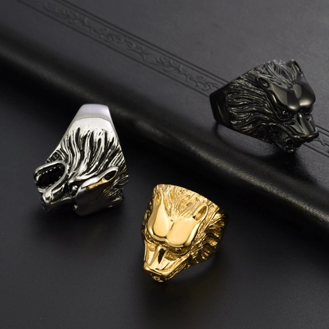 Bague Tête de Loup en Acier Inoxydable Vintage pour Homme Punk Gothique Animal Signet Ring Argent Or Noir Biker Bijoux