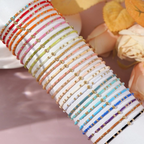 Handmade Bohemian Beaded Bracelet Rainbow Glass Seed Beads And Copper Metal Beads Elastic Trendy Jewelry For Women