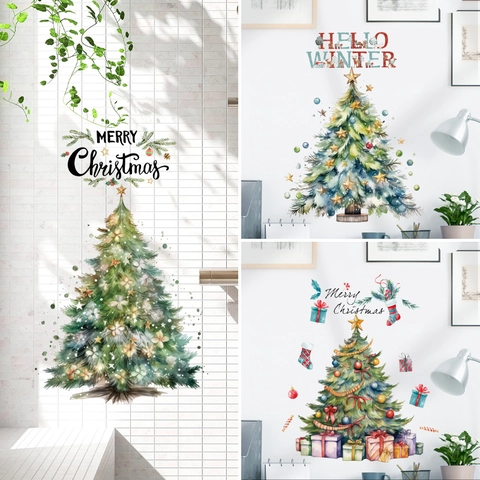 Christmas Tree Wall Stickers PVC Self-Adhesive Removable Waterproof Bathroom Toilet Decoration Watercolour Hand-Painted