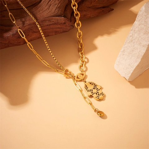 Vintage Gold Plated Stainless Steel Hamsa Hand Evil Eye Pendant Necklace Bohemian Colorful Enamel Double Layer Chain Jewelry For Women