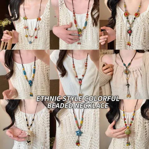 Vintage Ethnic Style Ceramic Beaded Long Necklace Handmade Wax Rope Adjustable Sweater Chain Bohemian Jewelry For Women