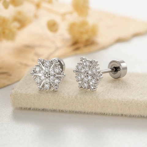 Snowflake Zircon Copper Piercing Stud Earring With Titanium Steel Earring Post Screw Back Elegant Christmas Jewelry For Women