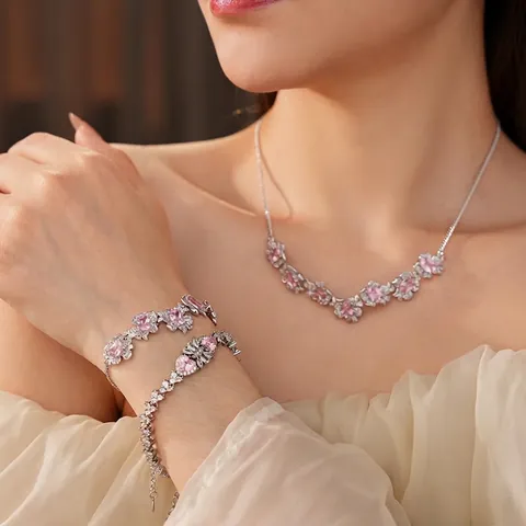 Pink Zircon Flower Heart Jewelry Necklace And Bracelet Silver Plated Copper Light Luxury Elegant Accessories Women