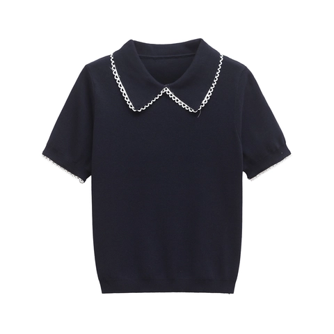 Women Knit Short Sleeve Polo Top Elegant Lace Trim Peter Pan Collar Striped Contrast Color Slim Knitted Shirt Pullover