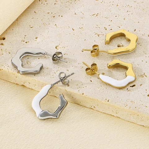 Irregular C-Shape Stainless Steel Hoop Earrings With White Enamel 14K Gold Plated Geometric Minimalist Style For Women